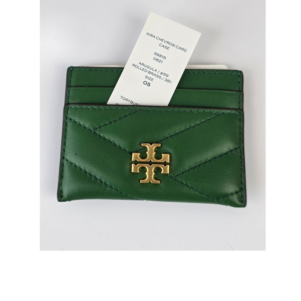 Tory Burch Kira Chevron Card Case Arugula Green Leather Quilted 56815 Brass Logo
